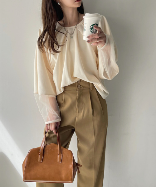 Eclat one(エクラワン)の「【Eclat one】シアー ドッキング ランタンスリーブ ブラウス(シャツ/ブラウス・レディース・アイボリー/ブラック/ブラウン系その他・FREE)」の4枚目の写真