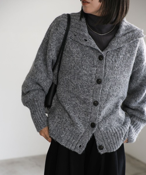 maio グレー カーディガン ボタン付き セール】メランジスタンドネックカーディガン（カーディガン/ボレロ
