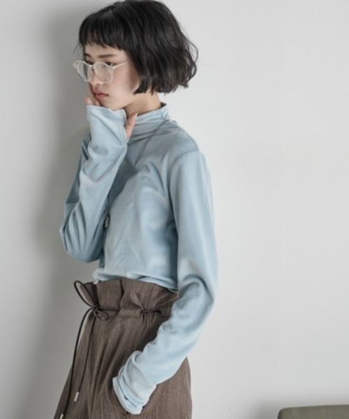 ハイネックフィンガーホールカフベロアトップス（Tシャツ/カットソー