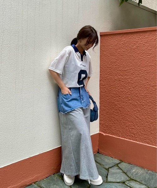 ENIM BY VICKY（エニムバイビッキー）の「メッシュナンバリング襟付きトップス《洗濯機で洗える》（Tシャツ/カットソー・レディース・ブルー/ホワイト・M）」の7枚目の写真