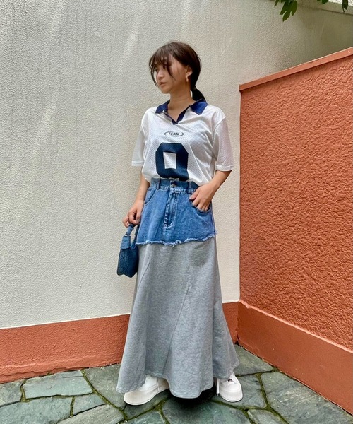 ENIM BY VICKY（エニムバイビッキー）の「メッシュナンバリング襟付きトップス《洗濯機で洗える》（Tシャツ/カットソー・レディース・ブルー/ホワイト・M）」の6枚目の写真