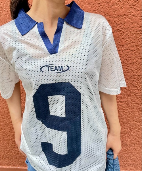 ENIM BY VICKY（エニムバイビッキー）の「メッシュナンバリング襟付きトップス《洗濯機で洗える》（Tシャツ/カットソー・レディース・ブルー/ホワイト・M）」の5枚目の写真