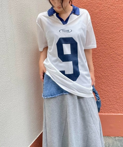 ENIM BY VICKY（エニムバイビッキー）の「メッシュナンバリング襟付きトップス《洗濯機で洗える》（Tシャツ/カットソー・レディース・ブルー/ホワイト・M）」の4枚目の写真