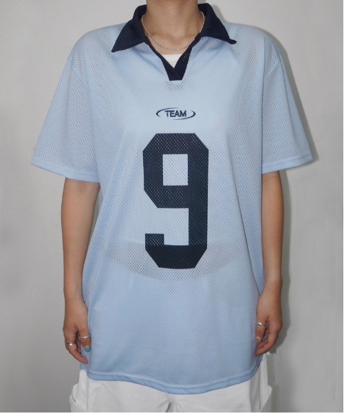 ENIM BY VICKY（エニムバイビッキー）の「メッシュナンバリング襟付きトップス《洗濯機で洗える》（Tシャツ/カットソー・レディース・ブルー/ホワイト・M）」の16枚目の写真