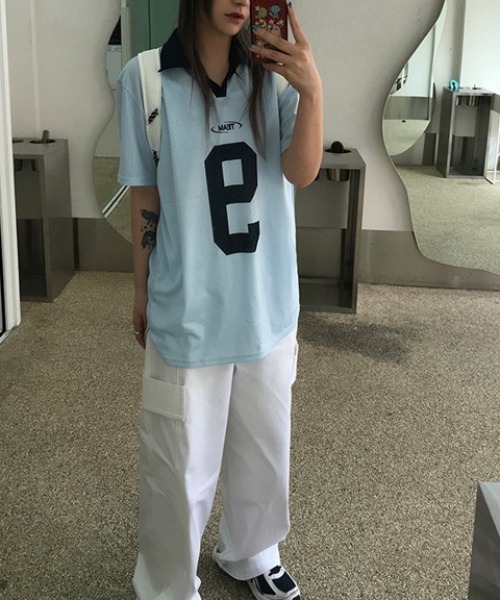 ENIM BY VICKY（エニムバイビッキー）の「メッシュナンバリング襟付きトップス《洗濯機で洗える》（Tシャツ/カットソー・レディース・ブルー/ホワイト・M）」の14枚目の写真