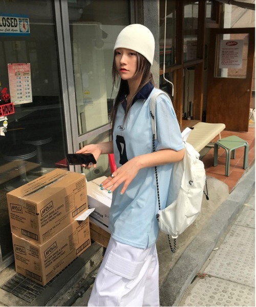 ENIM BY VICKY（エニムバイビッキー）の「メッシュナンバリング襟付きトップス《洗濯機で洗える》（Tシャツ/カットソー・レディース・ブルー/ホワイト・M）」の12枚目の写真