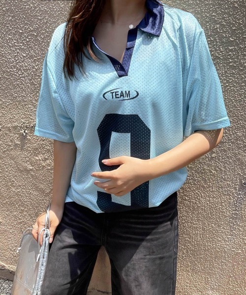 ENIM BY VICKY（エニムバイビッキー）の「メッシュナンバリング襟付きトップス《洗濯機で洗える》（Tシャツ/カットソー・レディース・ブルー/ホワイト・M）」の21枚目の写真