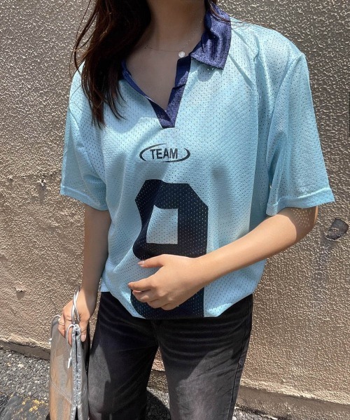 ENIM BY VICKY（エニムバイビッキー）の「メッシュナンバリング襟付きトップス《洗濯機で洗える》（Tシャツ/カットソー・レディース・ブルー/ホワイト・M）」の20枚目の写真