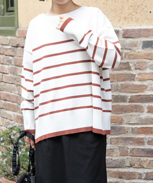 FORK&SPOON(フォークアンドスプーン)の「『洗濯可』FORK&SPOON ウーステッドヤーンボーダーワイドプルオーバー(ニット/セーター・レディース・ブラック系その他/オレンジ系その他・1)」の1枚目の写真