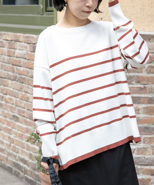 FORK&SPOON(フォークアンドスプーン)の「『洗濯可』FORK&SPOON ウーステッドヤーンボーダーワイドプルオーバー(ニット/セーター・レディース・ブラック系その他/オレンジ系その他・1)」の10枚目の写真