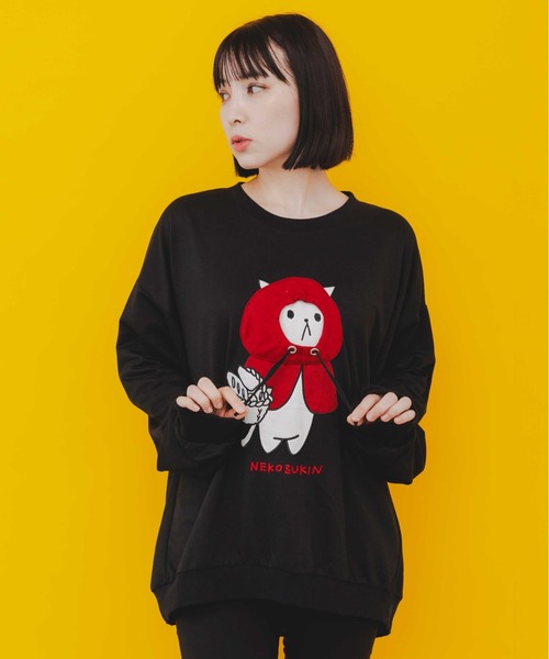 343111：パリティのネコずきん アップリケ刺繍プルオーバー（T