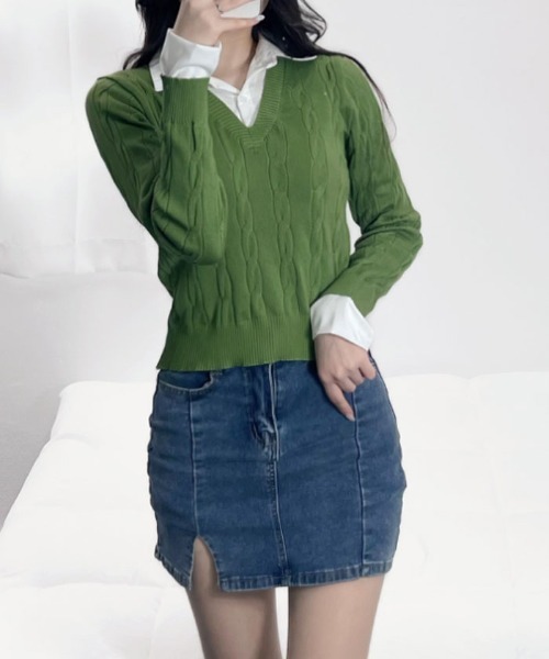 VIVID LADY（ビビッドレディー）の「シャツレイヤード長袖ニット 配色 レディース（ニット/セーター・レディース・ベージュ/グレー/ブラック/カーキ/アイボリー・FREE）」の7枚目の写真