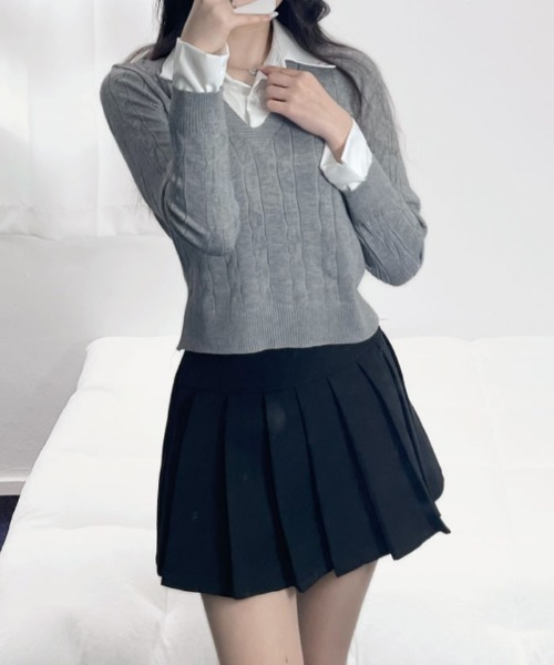 VIVID LADY（ビビッドレディー）の「シャツレイヤード長袖ニット 配色 レディース（ニット/セーター・レディース・ベージュ/グレー/ブラック/カーキ/アイボリー・FREE）」の14枚目の写真
