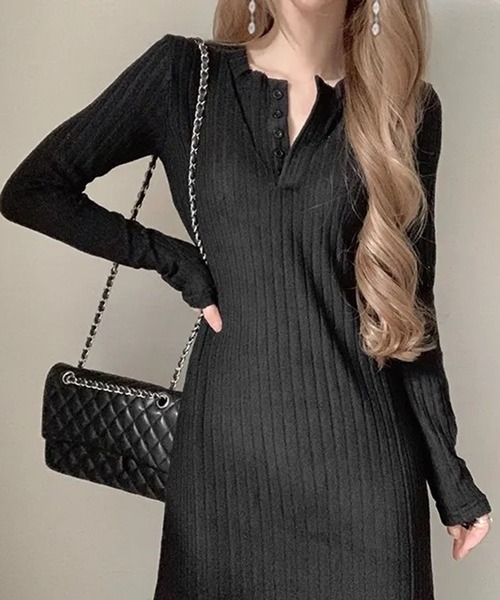 ヘンリーネックリブニットロングワンピース（ワンピース