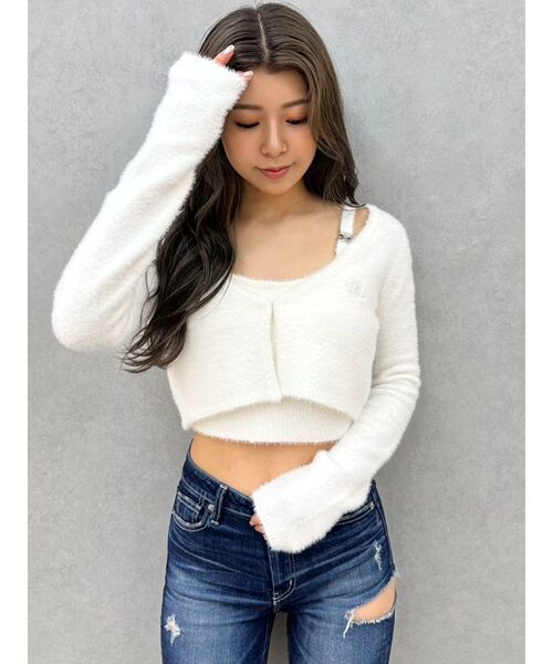 GYDA（ジェイダ）の「Symmetry GYDA embroideryシャギーニットカーディガン【SETUP着用可】（カーディガン/ボレロ・レディース・イエロー/オフホワイト/ブラック/スカイブルー・FREE）」の2枚目の写真