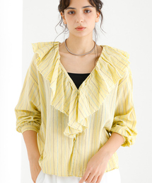 【Le Melange/ル・メランジュ】ラッフルリネンブラウス / 無地 / ストライプ【WEB限定】