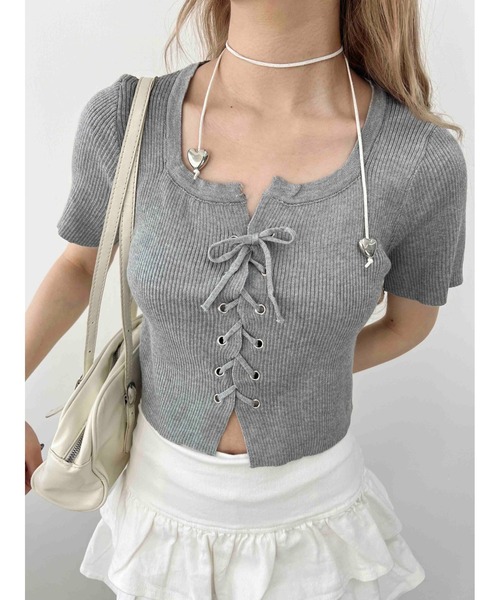 セール】【PHILLY】レースアップ半袖トップス（Tシャツ/カットソー