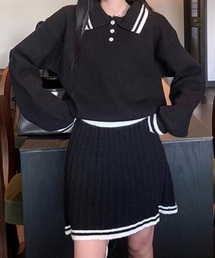 Teem Store（チームストア）の「セットアップ 配色ラインポロサマーニット プリーツスカート（スカート）」