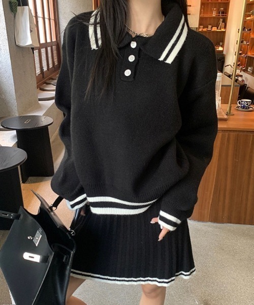 Teem Store(チームストア)の「セットアップ 配色ラインポロサマーニット プリーツスカート(スカート・レディース・グレー/アイボリー/ブラック・F)」の12枚目の写真