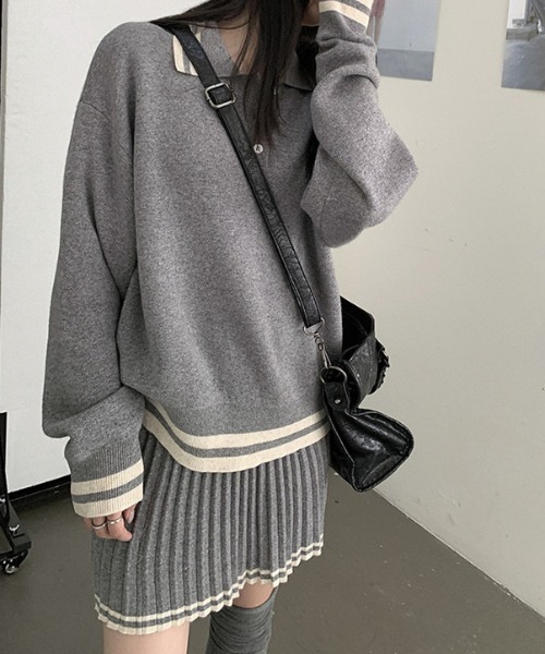 Teem Store(チームストア)の「セットアップ 配色ラインポロサマーニット プリーツスカート(スカート・レディース・グレー/アイボリー/ブラック・F)」の17枚目の写真