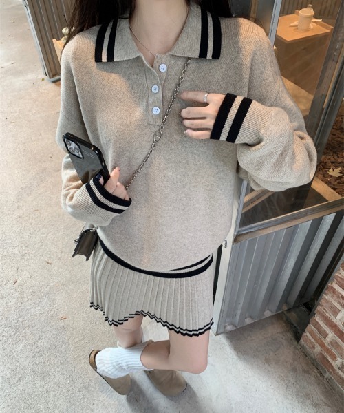 Teem Store(チームストア)の「セットアップ 配色ラインポロサマーニット プリーツスカート(スカート・レディース・グレー/アイボリー/ブラック・F)」の9枚目の写真