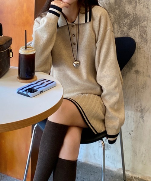 Teem Store(チームストア)の「セットアップ 配色ラインポロサマーニット プリーツスカート(スカート・レディース・グレー/アイボリー/ブラック・F)」の6枚目の写真