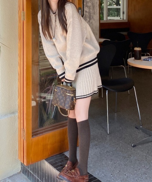 Teem Store(チームストア)の「セットアップ 配色ラインポロサマーニット プリーツスカート(スカート・レディース・グレー/アイボリー/ブラック・F)」の7枚目の写真