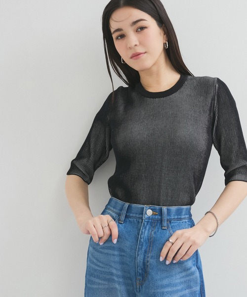 le cercle ADAM ET ROPE'(ルセルクルアダムエロペ)の「スイスコットン5分袖TEE(Tシャツ/カットソー・レディース・ブルー系その他5/ブラック系その他/ベージュ系その他/ライトグレー・FREE)」の1枚目の写真
