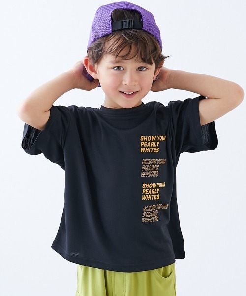 devirock（デビロック）の「【涼感 サラッとメッシュ】× デビラボ プリント 半袖Tシャツ（Tシャツ/カットソー・キッズ・グリーン系1/ブラック系2/ブルー系2/グレー系2/グレー系3/ブラック系1/ブラック系3/パープル系1/ブルー系1/グレー系1/ピンク系1/イエロー系1・100cm/110cm/120cm/130cm/140cm/150cm/160cm）」の2枚目の写真