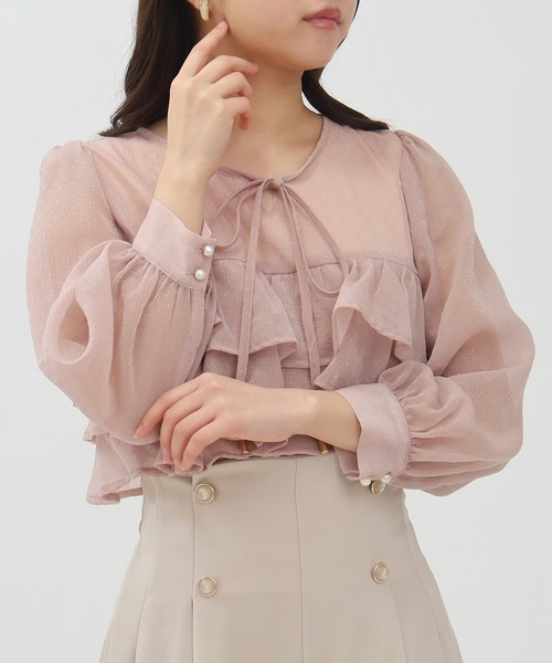 ASTORIA ODIER（アストリアオディール）の「キラキラ柄シアーフリルブラウス（シャツ/ブラウス・レディース・ホワイト/ライトグレー/ピンクベージュ・MEDIUM）」の3枚目の写真