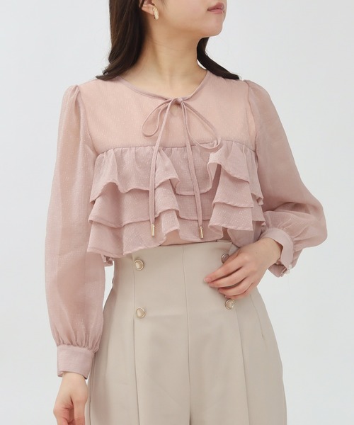 ASTORIA ODIER（アストリアオディール）の「キラキラ柄シアーフリルブラウス（シャツ/ブラウス・レディース・ホワイト/ライトグレー/ピンクベージュ・MEDIUM）」の14枚目の写真