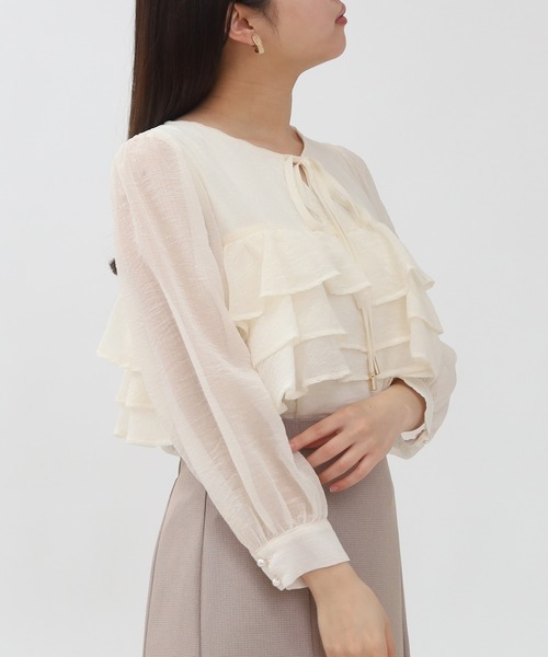 ASTORIA ODIER（アストリアオディール）の「キラキラ柄シアーフリルブラウス（シャツ/ブラウス・レディース・ホワイト/ライトグレー/ピンクベージュ・MEDIUM）」の4枚目の写真