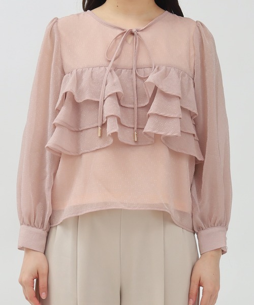 ASTORIA ODIER（アストリアオディール）の「キラキラ柄シアーフリルブラウス（シャツ/ブラウス・レディース・ホワイト/ライトグレー/ピンクベージュ・MEDIUM）」の6枚目の写真