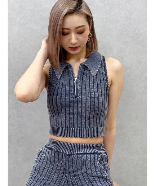 GYDA（ジェイダ）の「ハーフZIPノースリブリーチポロニットトップス【SETUP着用可】（ニット/セーター・レディース・ピンク/ネイビー/ブラック/オフホワイト・FREE）」の4枚目の写真