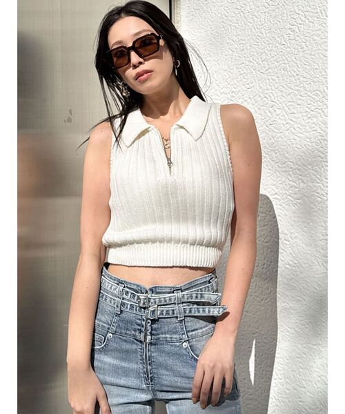 GYDA（ジェイダ）の「ハーフZIPノースリブリーチポロニットトップス【SETUP着用可】（ニット/セーター・レディース・ピンク/ネイビー/ブラック/オフホワイト・FREE）」の13枚目の写真