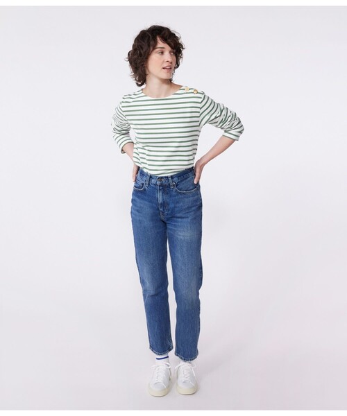 PETIT BATEAU(プチバトー)の「マリニエールプルオーバー(スウェット・レディース・ホワイト×グリーン/ホワイト×ブルー・XX-SMALL/X-SMALL/SMALL/MEDIUM/LARGE)」の1枚目の写真
