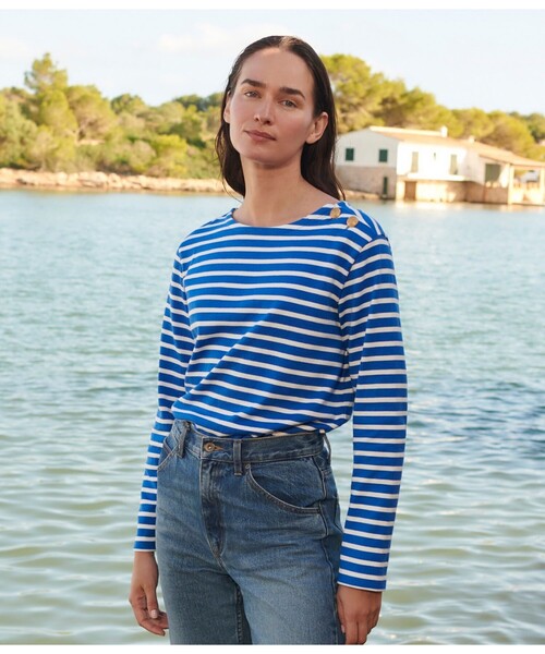 PETIT BATEAU(プチバトー)の「マリニエールプルオーバー(スウェット・レディース・ホワイト×グリーン/ホワイト×ブルー・XX-SMALL/X-SMALL/SMALL/MEDIUM/LARGE)」の2枚目の写真