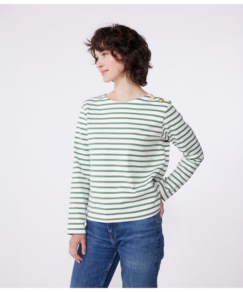PETIT BATEAU(プチバトー)の「マリニエールプルオーバー(スウェット・レディース・ホワイト×グリーン/ホワイト×ブルー・XX-SMALL/X-SMALL/SMALL/MEDIUM/LARGE)」の7枚目の写真