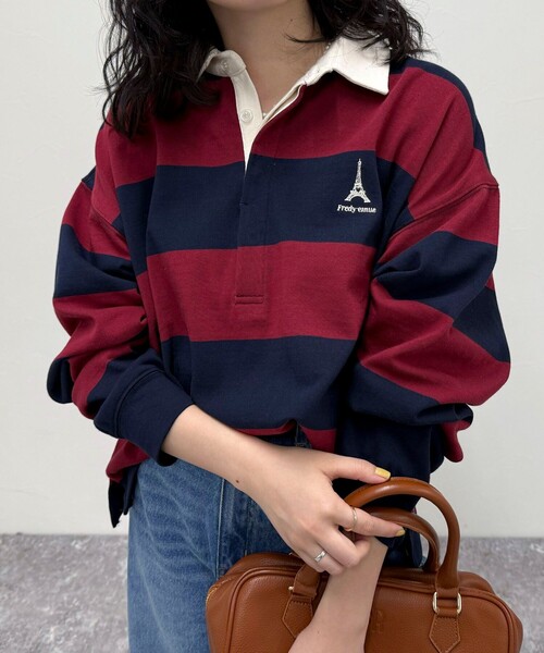 fredy emue(フレディエミュ)の「ワンポイント刺繍ラガーシャツ(Tシャツ/カットソー・レディース・ネイビー/ホワイト系その他/キャメル/パープル系その他・38)」の4枚目の写真