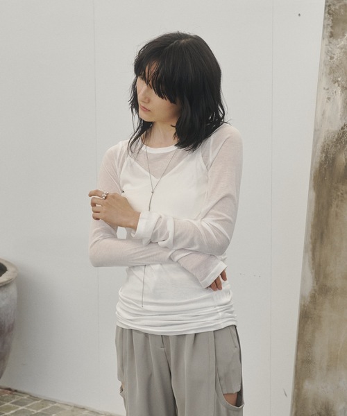 Lutim by u(ルチバイユー)の「Sheer rib layered Tunic / レイヤードチュニック(Tシャツ/カットソー・レディース・チャコールグレー/オフホワイト/グレイッシュベージュ・FREE)」の4枚目の写真