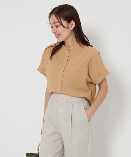 GREEN LABEL ライトグレー バルーンスリーブシャツ Breeze Cool ポケット ショートスリーブ シャツ -マシン