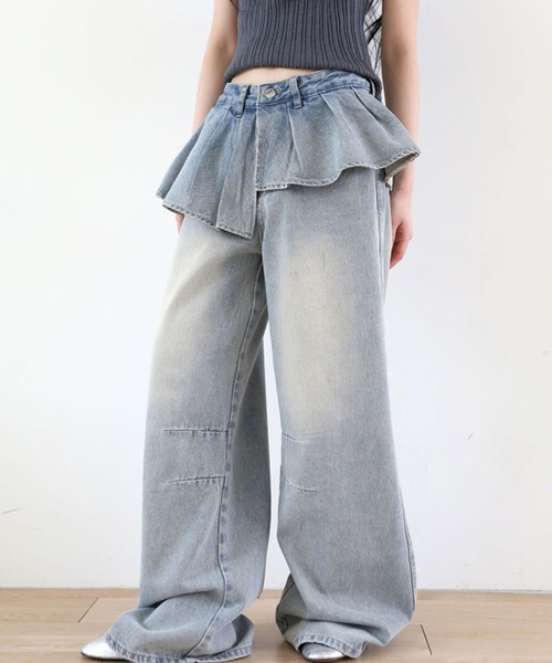 LYEON(リヨン)の「プリーツウエストレイヤードワイドデニムパンツ(その他パンツ・レディース・ブルー・SMALL/MEDIUM/LARGE)」の1枚目の写真