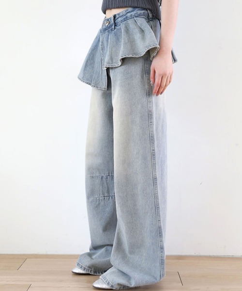 LYEON(リヨン)の「プリーツウエストレイヤードワイドデニムパンツ(その他パンツ・レディース・ブルー・SMALL/MEDIUM/LARGE)」の2枚目の写真