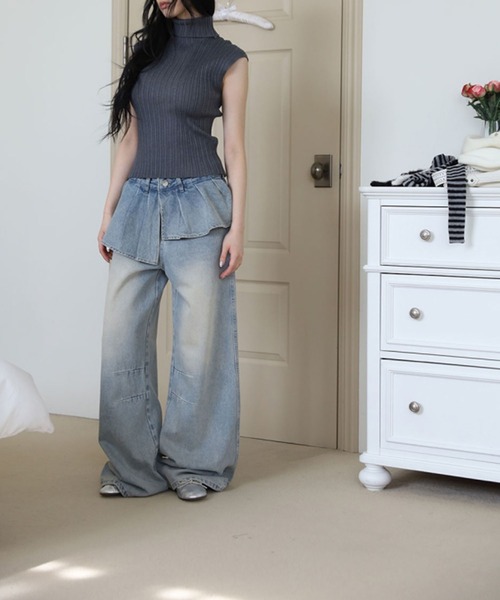 LYEON(リヨン)の「プリーツウエストレイヤードワイドデニムパンツ(その他パンツ・レディース・ブルー・SMALL/MEDIUM/LARGE)」の14枚目の写真