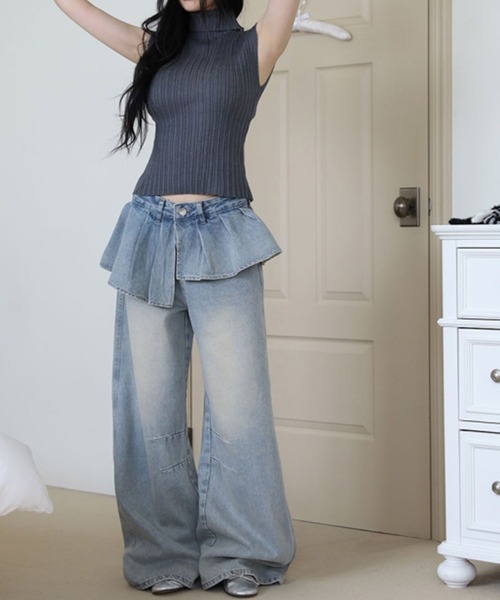 LYEON(リヨン)の「プリーツウエストレイヤードワイドデニムパンツ(その他パンツ・レディース・ブルー・SMALL/MEDIUM/LARGE)」の9枚目の写真