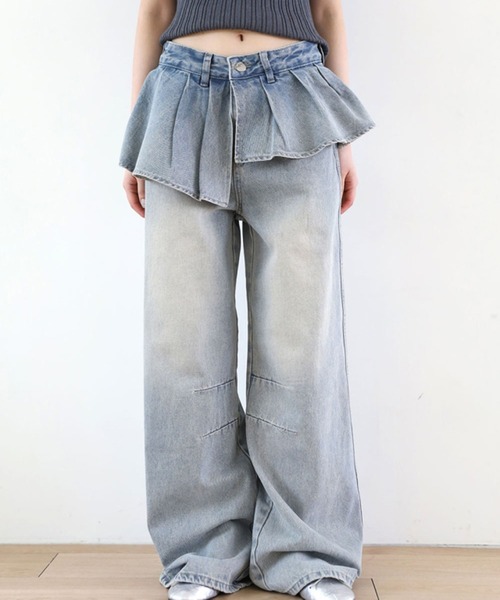 LYEON(リヨン)の「プリーツウエストレイヤードワイドデニムパンツ(その他パンツ・レディース・ブルー・SMALL/MEDIUM/LARGE)」の4枚目の写真