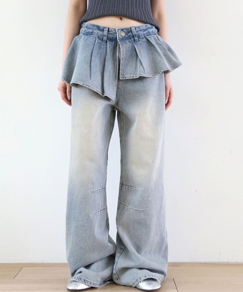 LYEON(リヨン)の「プリーツウエストレイヤードワイドデニムパンツ(その他パンツ・レディース・ブルー・SMALL/MEDIUM/LARGE)」の5枚目の写真