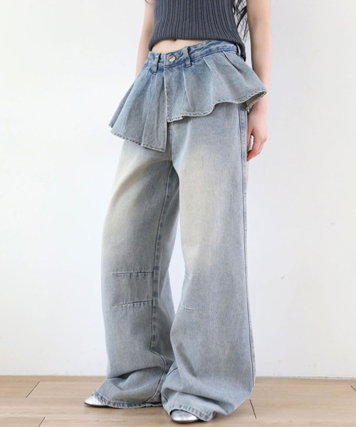 LYEON(リヨン)の「プリーツウエストレイヤードワイドデニムパンツ(その他パンツ・レディース・ブルー・SMALL/MEDIUM/LARGE)」の6枚目の写真