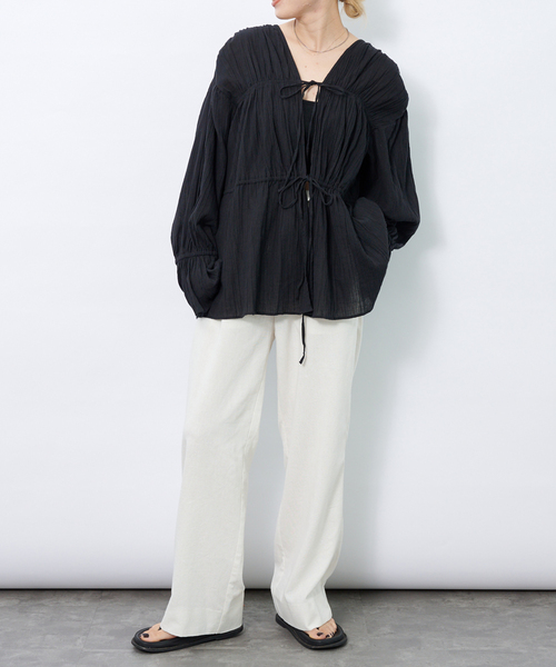 極美品 GASA* オーガニックコットン ギャザーチュニックブラウス オーガニックコットンギャザーブラウス（ブラック）【レディス