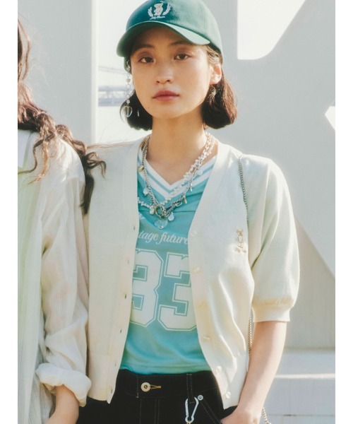 LILY BROWN（リリーブラウン）の「【WEB限定カラー】Lily Bearハーフスリーブカーディガン（カーディガン/ボレロ・レディース・レッド/チェック/ブラック/アイボリー・FREE）」の2枚目の写真